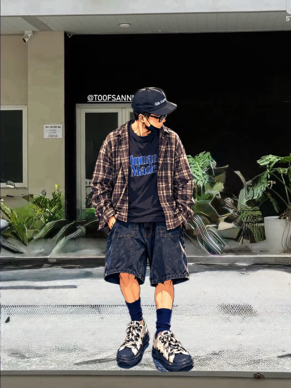 ブラック系のTシャツ/カットソー、ブラウン系のトップス、ブラック系のデニムパンツを着用したメンズの秋コーディネートの4枚目の写真