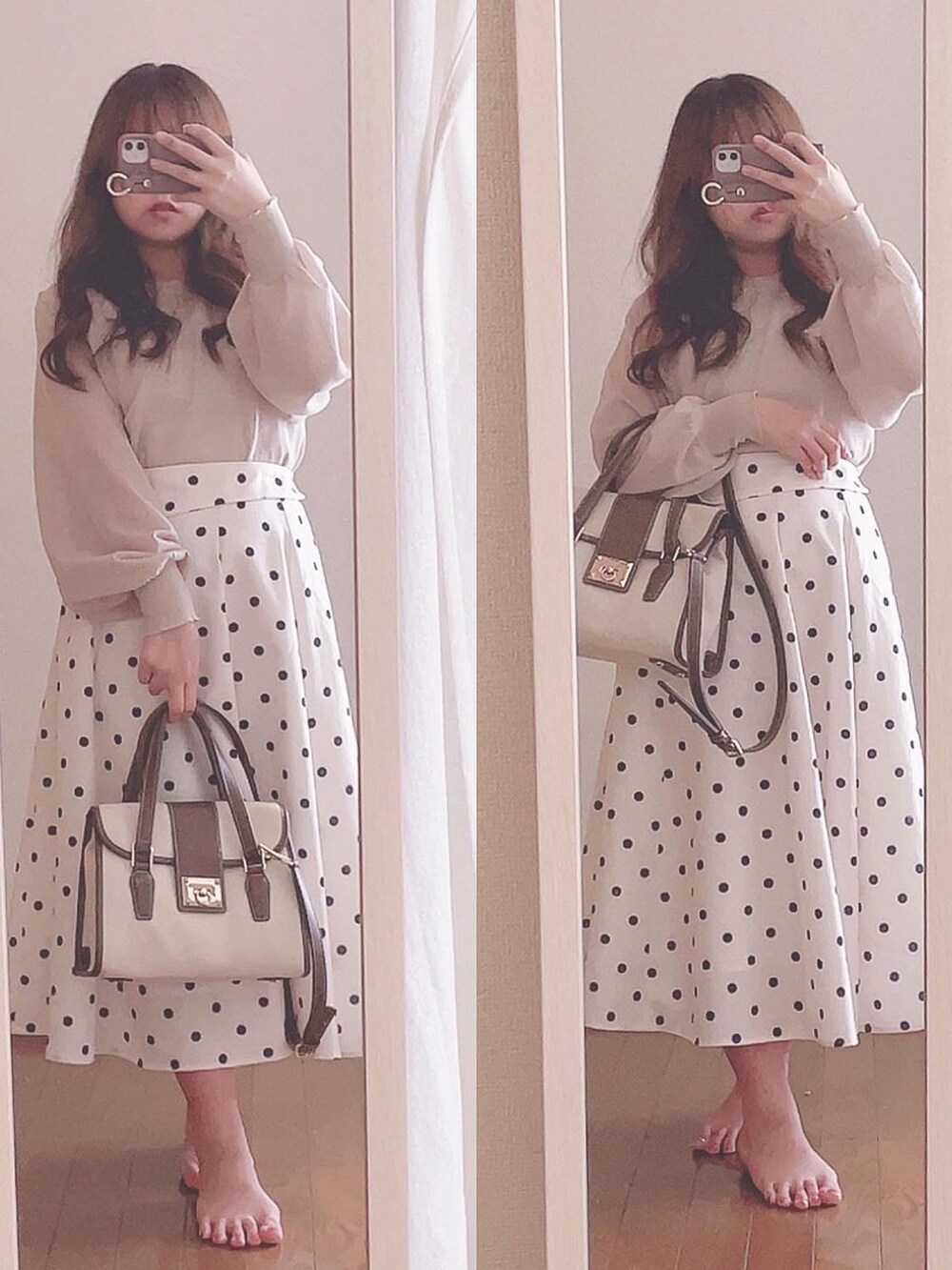 ホワイト系のスカート、ベージュ系のバッグ、ベージュ系のトップスを着用したレディースの夏コーディネートの2枚目の写真