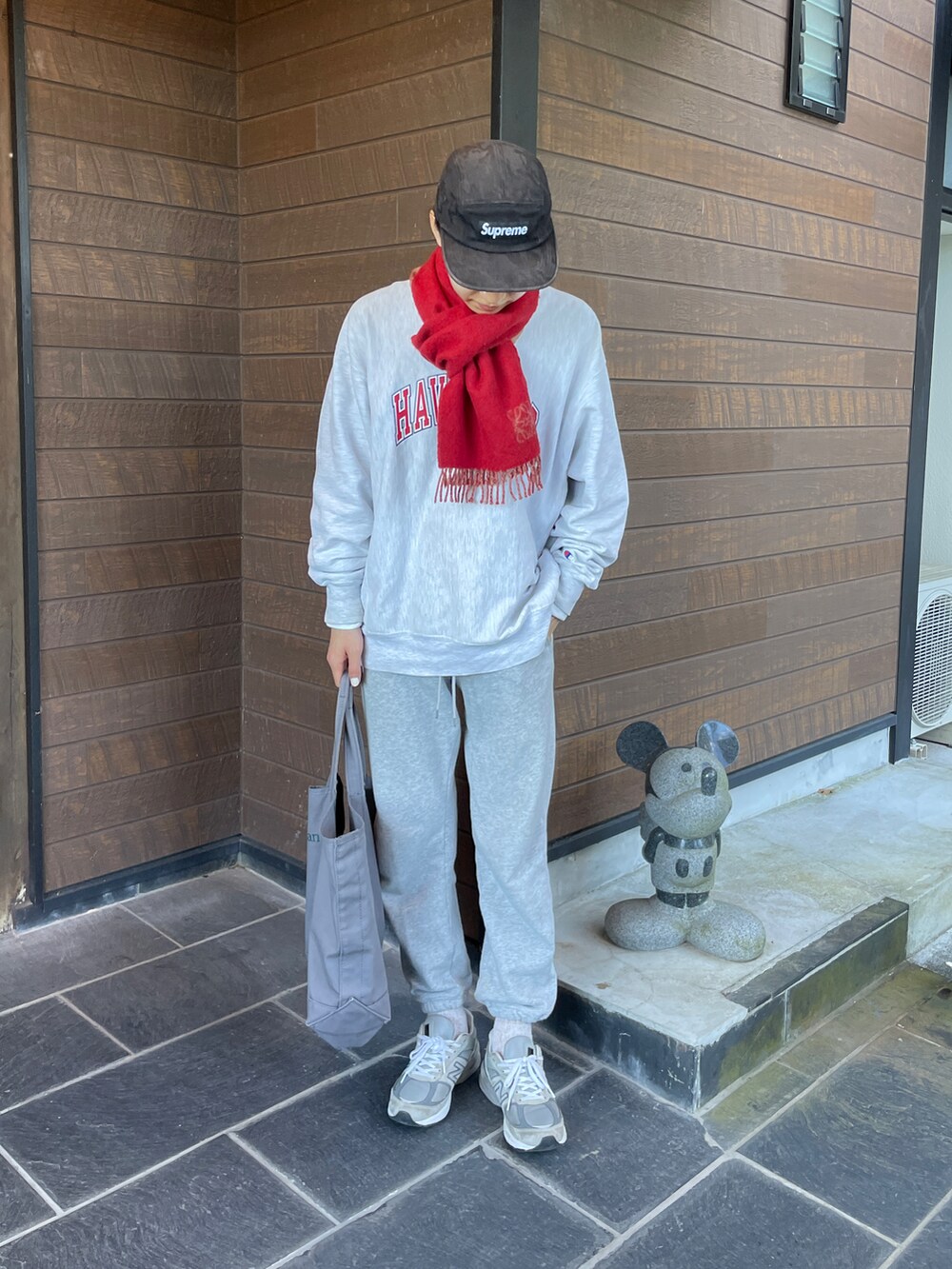 グレー系のスウェットパンツ、グレー系のスニーカー、グレー系のトートバッグを着用したメンズの冬コーディネートの2枚目の写真