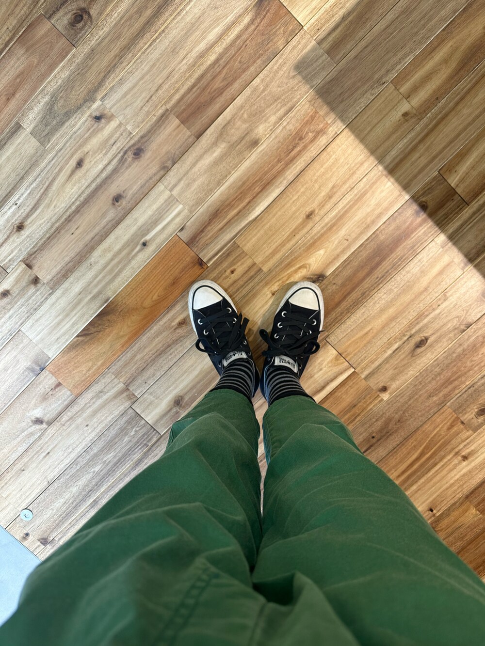 ブラック系のTシャツ/カットソー、ブラック系のパーカー、グリーン系のチノパンツを着用したレディースの秋コーディネートの2枚目の写真