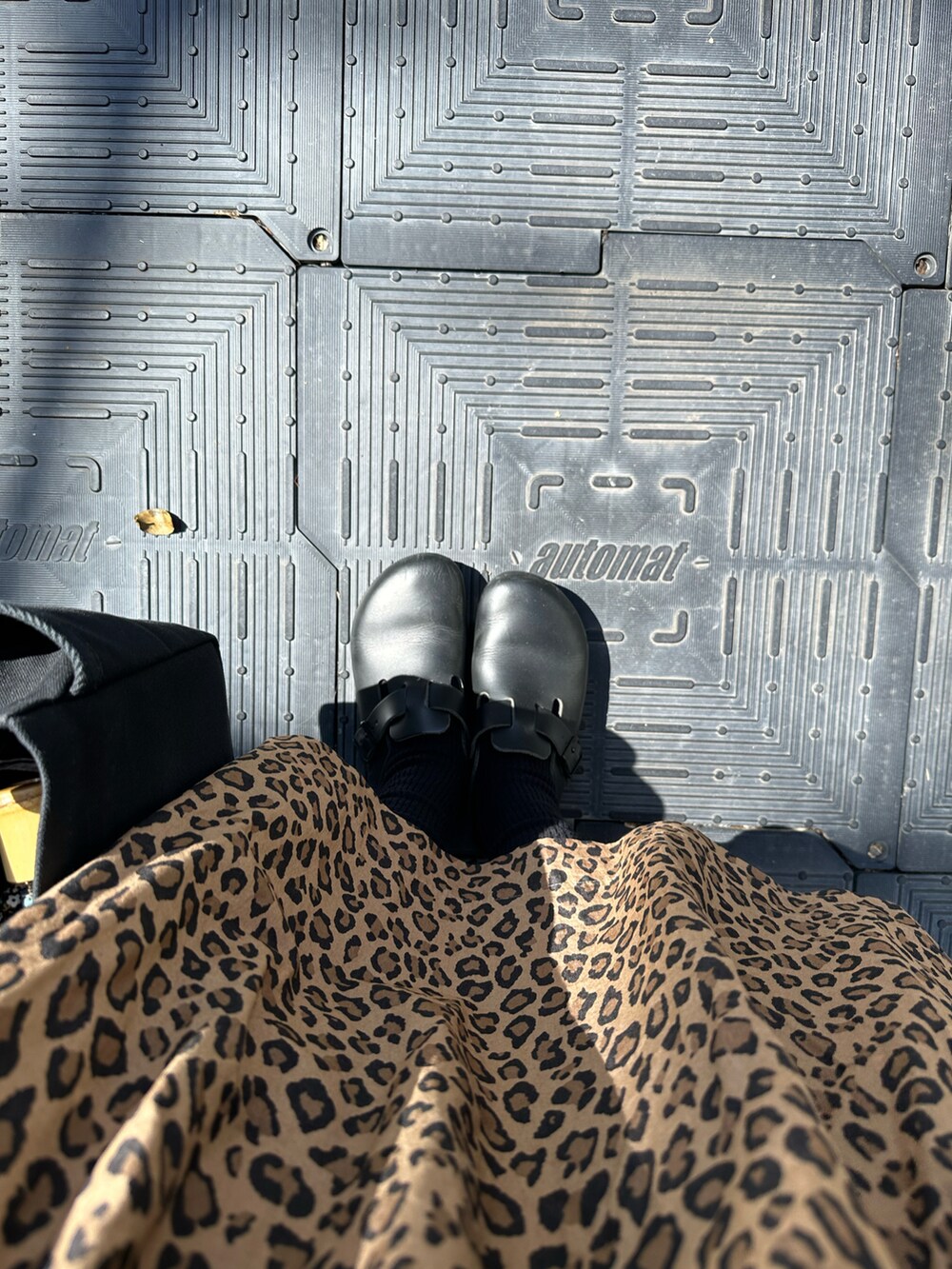 ブラック系のTシャツ/カットソー、ブラック系のベスト、ブラウン系のスカートを着用したレディースの春コーディネートの2枚目の写真