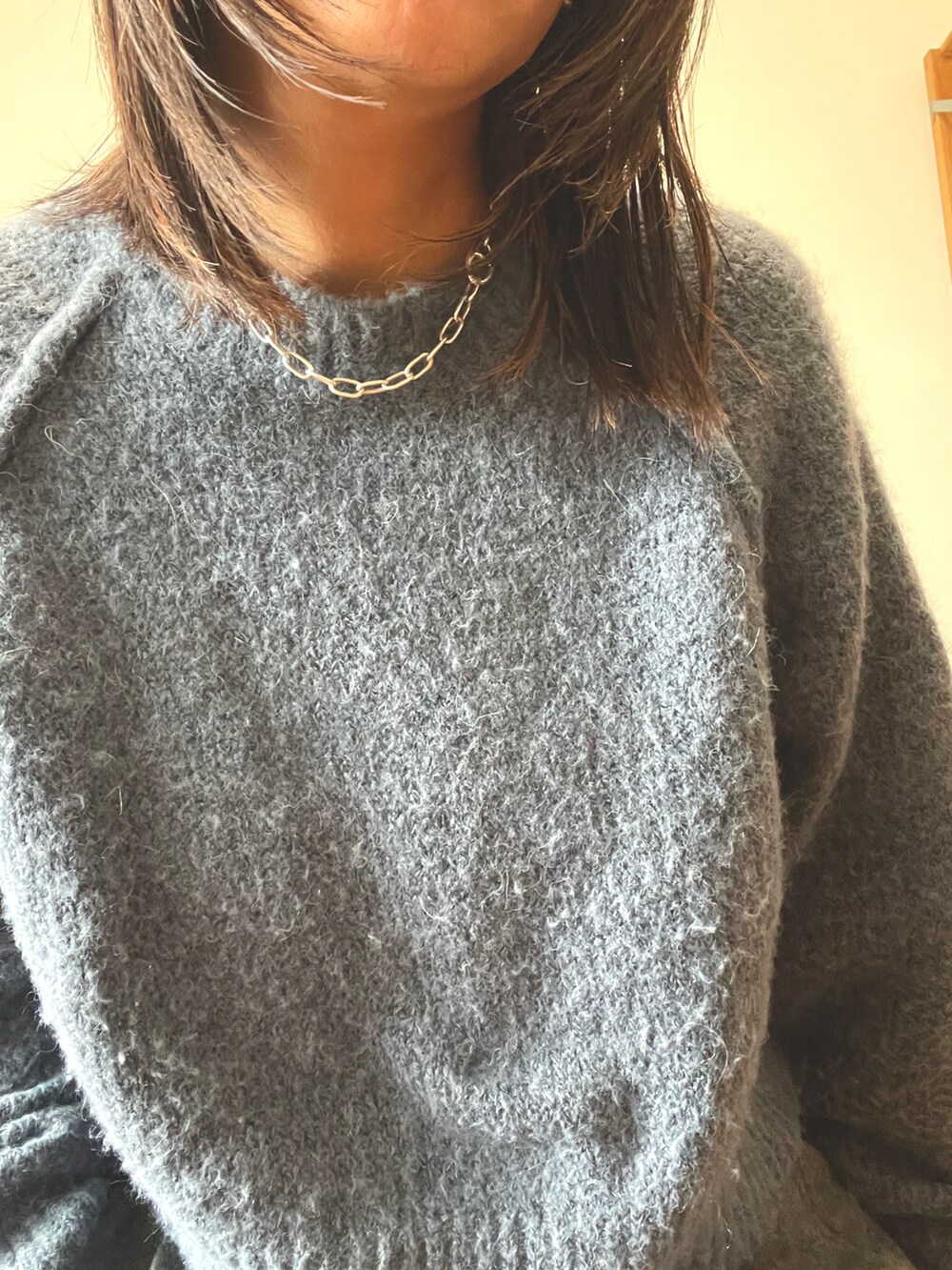 ブルー系のニット/セーター、グレー系のその他パンツ、ブラック系のトートバッグを着用したレディースの秋コーディネートの3枚目の写真