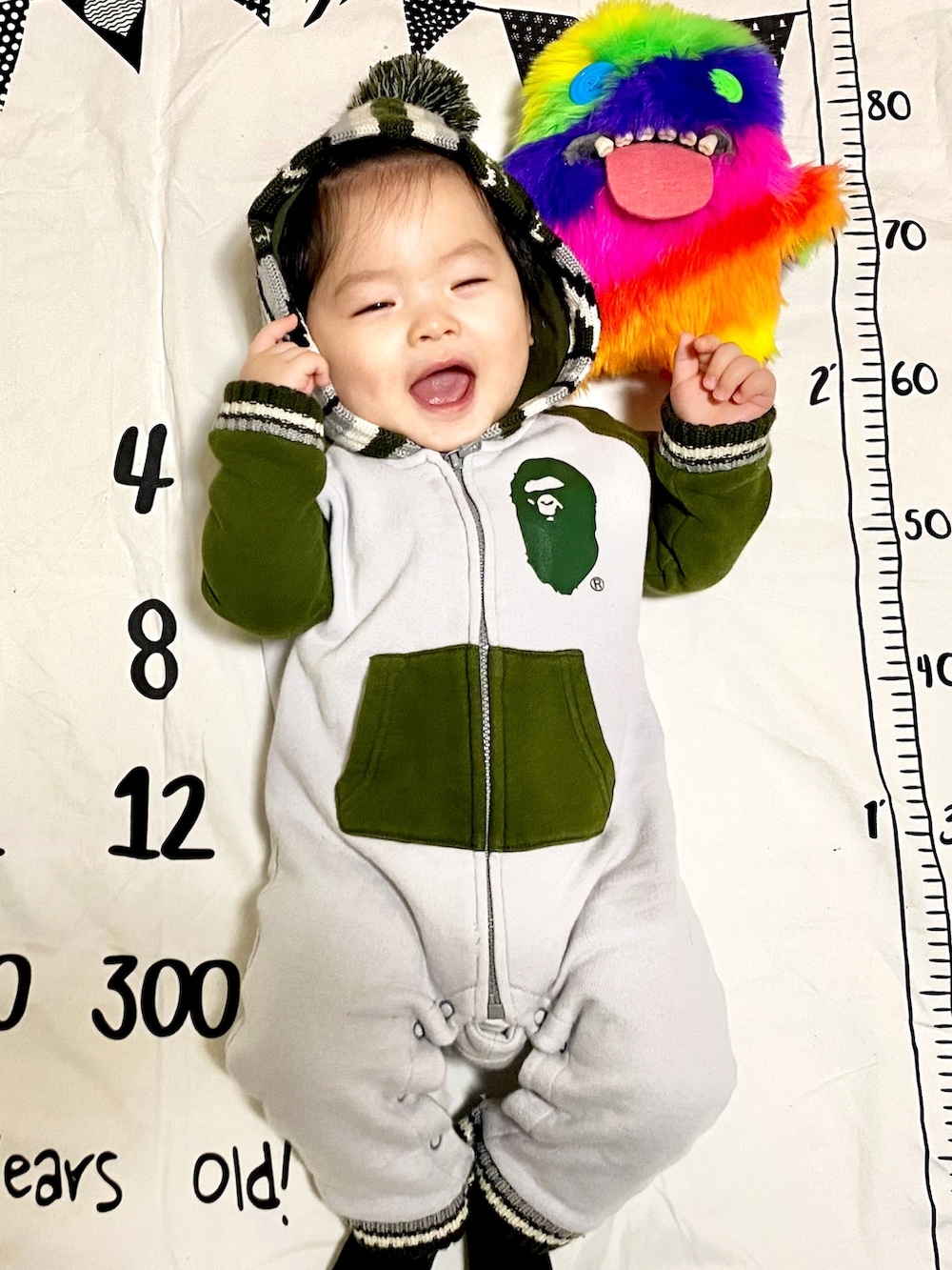 「Happybirthday、１歳男の子、A BATHING APE、ファグラー、ロンパース」｜「A BATHING APEのアイテム（ロンパース、グリーン系）」を使った、KAI★AO☺︎さん（キッズ・90cm）の春コーディネートの5枚目の写真