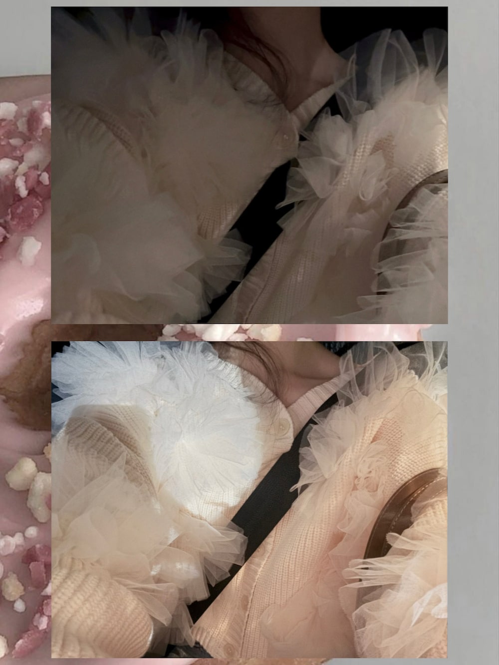 ピンク系のカーディガン/ボレロ、ピンク系のメガネを着用したレディースの春コーディネートの5枚目の写真