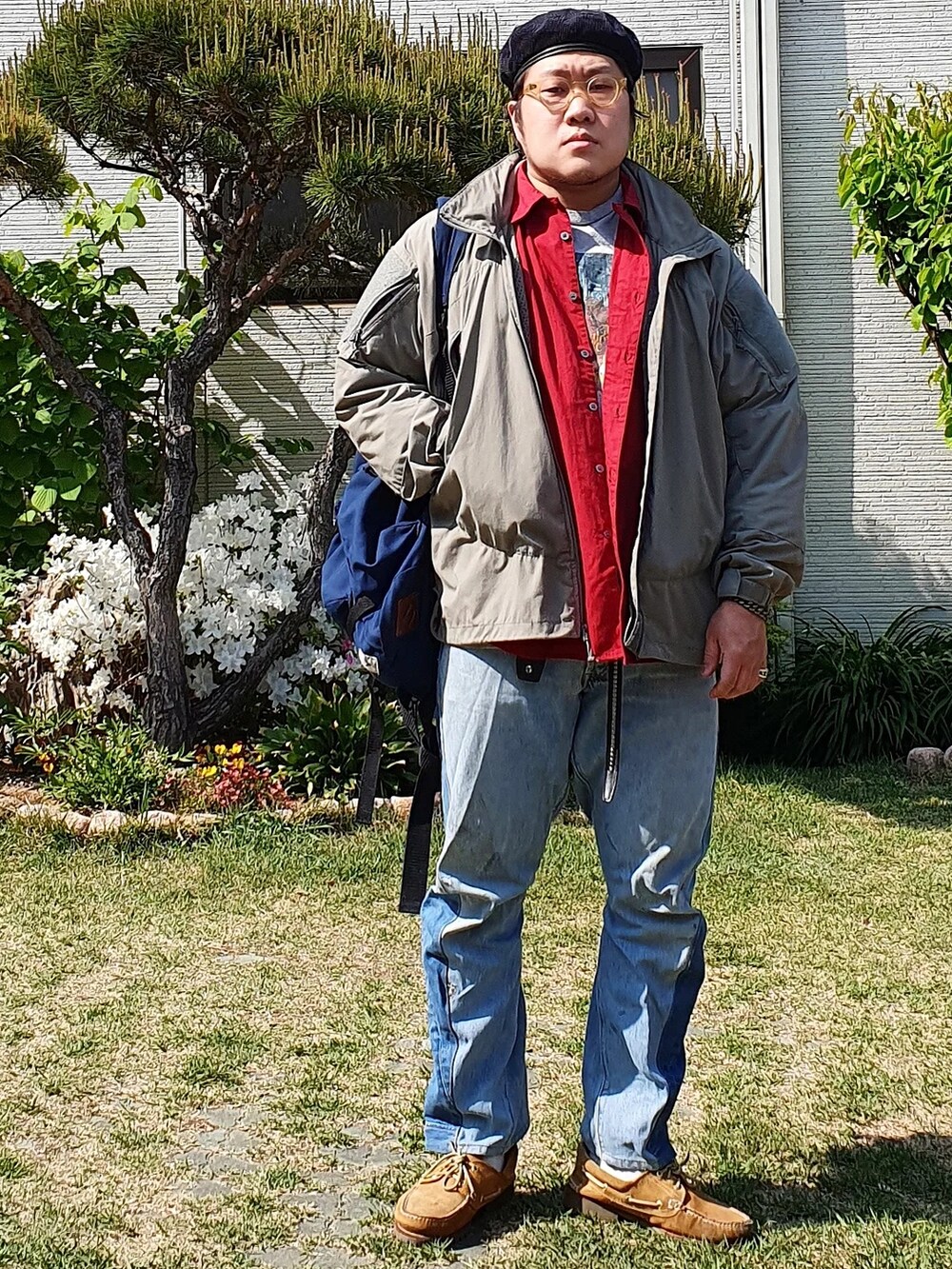 「aie、ENGINEERED GARMENTS、patagonia、mars、Rebuild by Needles、south2west8」｜「Engineered Garmentsのアイテム（ハンチング/ベレー帽、ブルー系）」を使った、Herringさん（メンズ・178cm）の春コーディネートの2枚目の写真