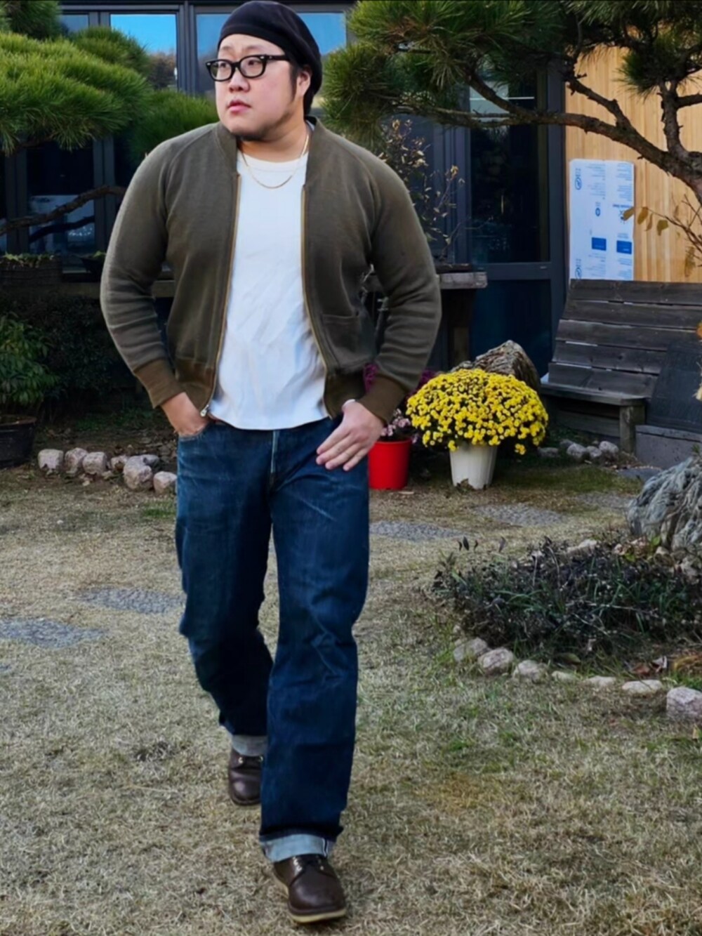 「Aero Leathers、STEVENSON OVERALL CO.、Real McCoy's、viberg、アメカジ、korea」｜「Aero Leathersのアイテム（ミリタリージャケット、ブラウン系）」を使った、Herringさん（メンズ・178cm）の秋コーディネートの5枚目の写真
