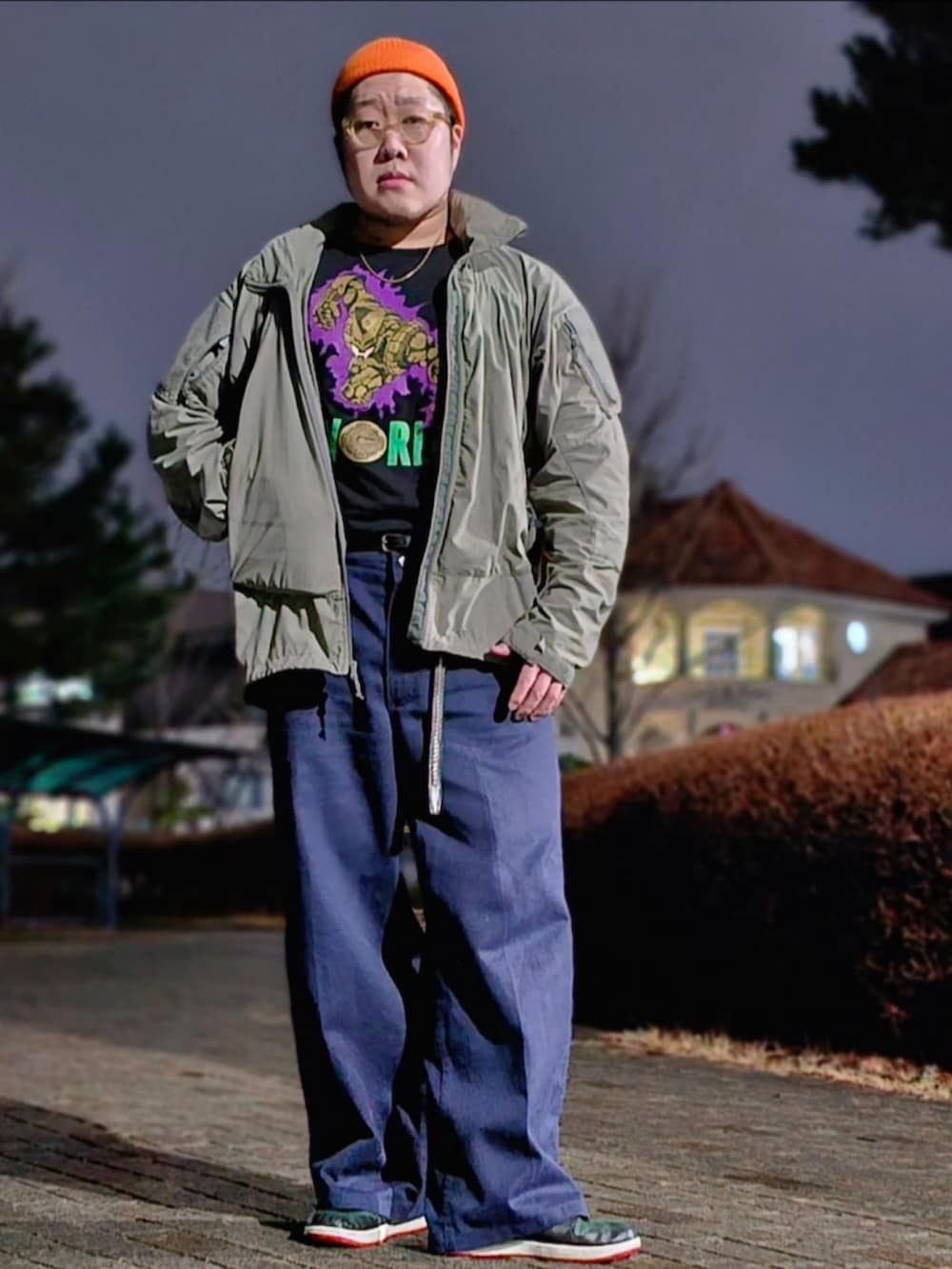 「patagonia、patagoniaMars、bendavis、ultra violence、JOJO」｜「BEN DAVISのアイテム（その他パンツ、ブルー系）」を使った、Herringさん（メンズ・178cm）の春コーディネートの2枚目の写真