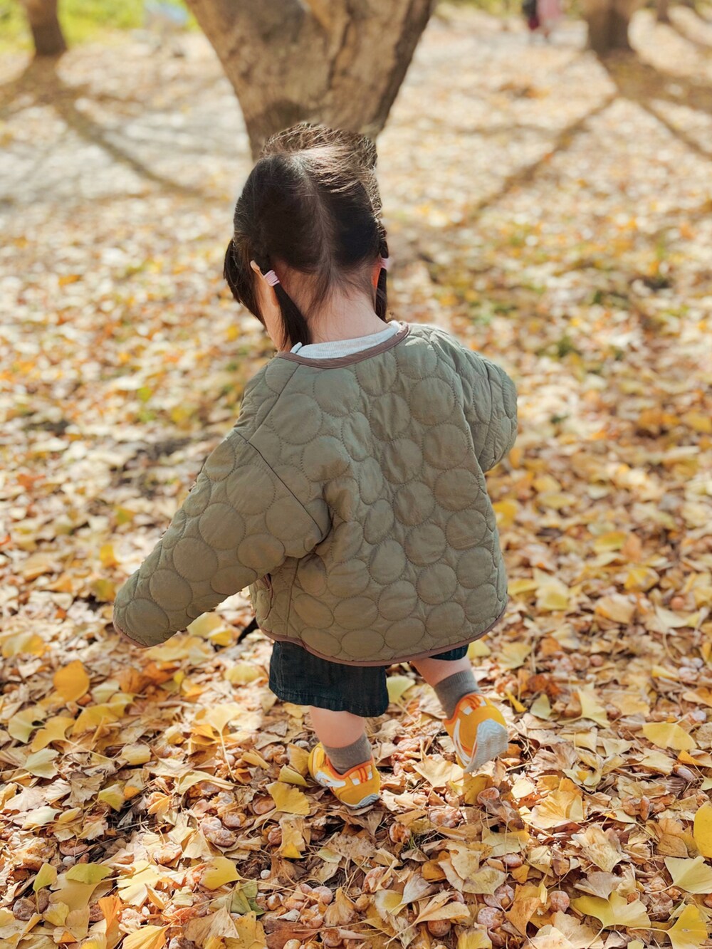 「イチョウ並木、むすめ服、女の子コーデ、休日コーデ、女の子ベビー、1歳4ヶ月」｜「no brandのアイテム（デニムスカート、ブルー系）」を使った、natsuuuuuuuu78さん（キッズ・80cm）の秋コーディネートの2枚目の写真
