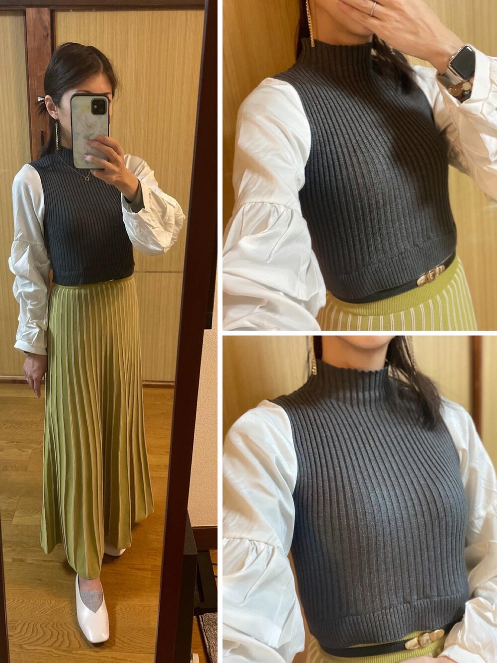 イエロー系のスカート、ホワイト系のシューズ、グレー系のニット/セーターを着用したレディースの春コーディネートの2枚目の写真