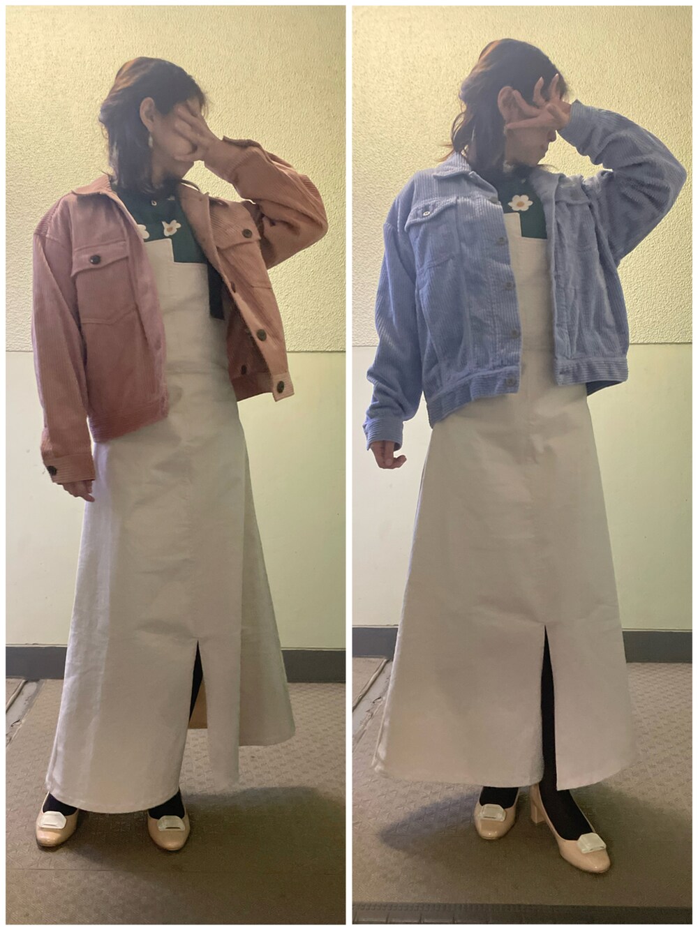 ベージュ系のパンプス、ホワイト系のオールインワン・サロペット、グリーン系のトップスを着用したレディースの春コーディネートの2枚目の写真