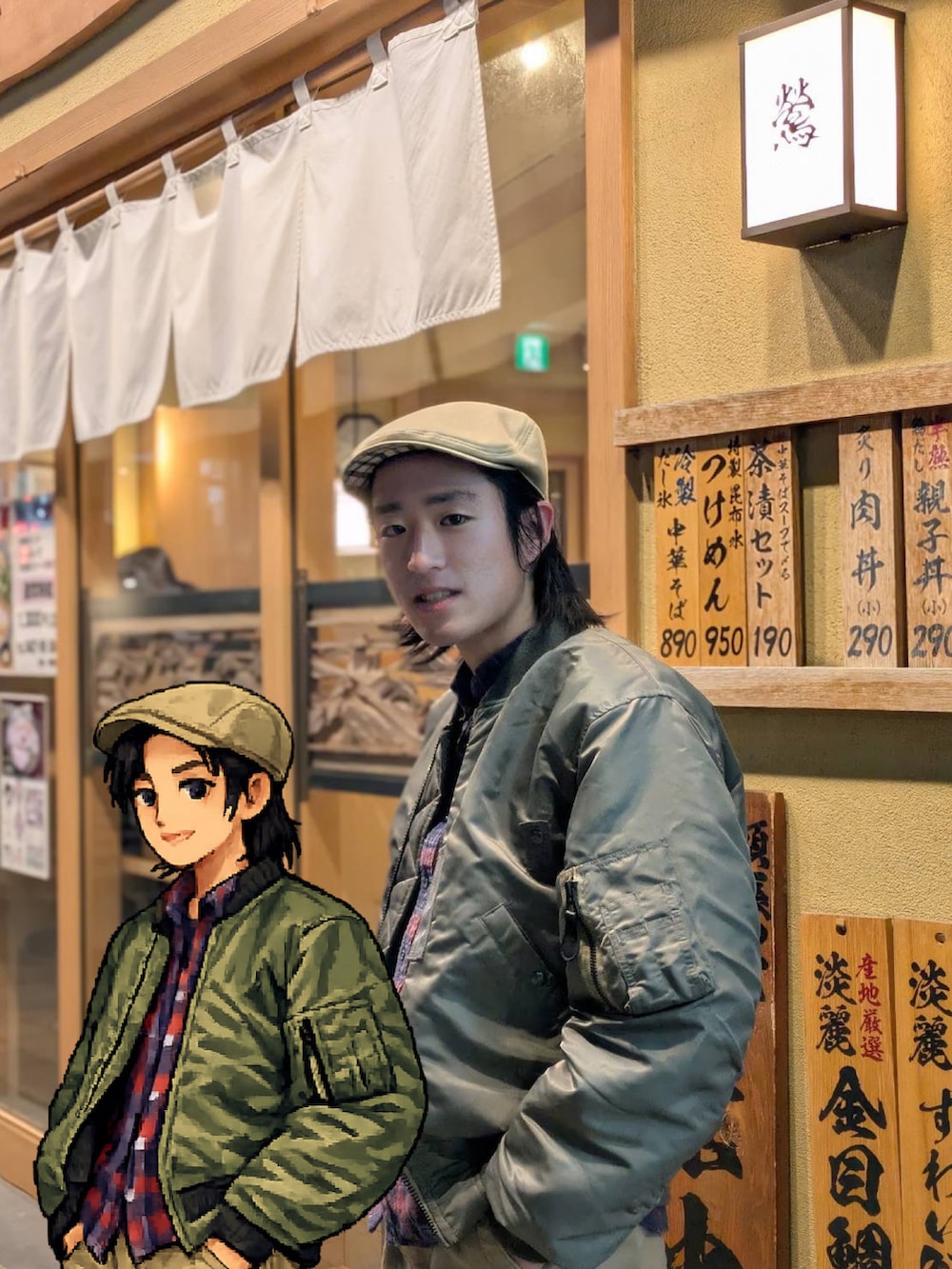 グリーン系のMA-1、ベージュ系のチノパンツ、ブラック系のブーツを着用したメンズの冬コーディネートの2枚目の写真