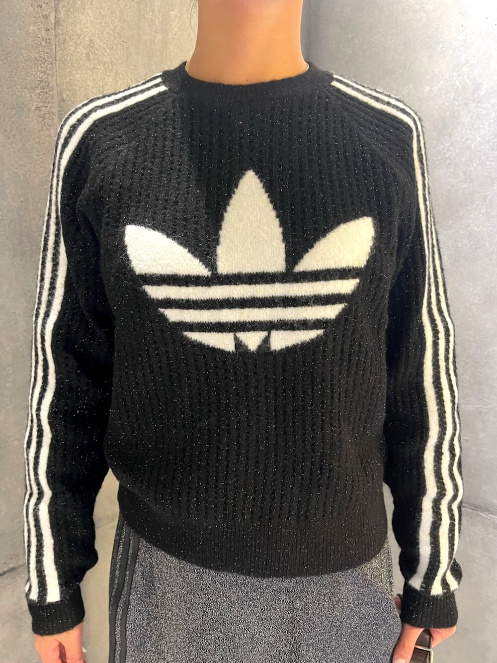 ブラック系のスウェット、ブラック系のスカートを着用したレディースの秋コーディネートの2枚目の写真