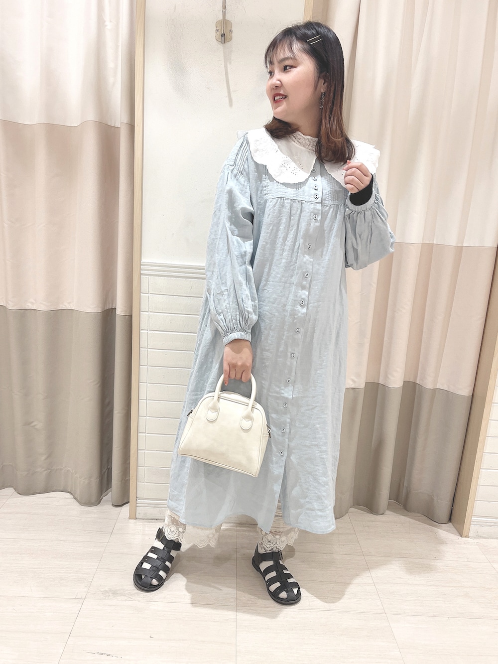 「オトナカワイイ、大人女子、初夏コーデ、夏コーデ、夏、ガーリー、大人ガーリー、SM2、Samansa Mos2、サマンサ モスモス(Samansa Mos2)、SM2 keittio イオンタウン富士南店、おしゃれさんと繋がりたい、お洒落さんとつながりたい」|「Samansa Mos2の【ETHICAL CRAFTS】アスデル加工ピンタックワンピース(ワンピース、グリーン系)」を使った、🌷○° おまゆさん(レディース・163cm)の春コーディネートの2枚目の写真