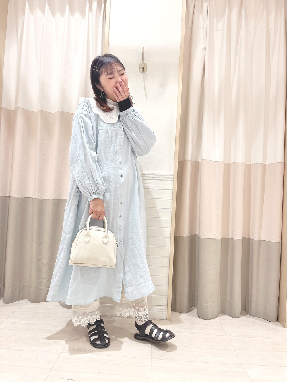 「オトナカワイイ、大人女子、初夏コーデ、夏コーデ、夏、ガーリー、大人ガーリー、SM2、Samansa Mos2、サマンサ モスモス(Samansa Mos2)、SM2 keittio イオンタウン富士南店、おしゃれさんと繋がりたい、お洒落さんとつながりたい」|「Samansa Mos2の【ETHICAL CRAFTS】アスデル加工ピンタックワンピース(ワンピース、グリーン系)」を使った、🌷○° おまゆさん(レディース・163cm)の春コーディネートの5枚目の写真