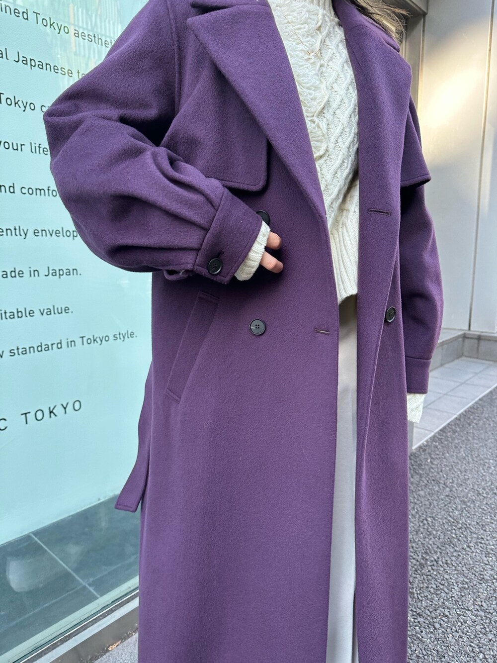 「紫コート、PUBLIC TOKYO、コート」｜「PUBLIC TOKYOのオーバーヨークコート（チェスターコート、レッド系）」を使った、ｎａｎａさん（レディース・152cm）の秋コーディネートの6枚目の写真