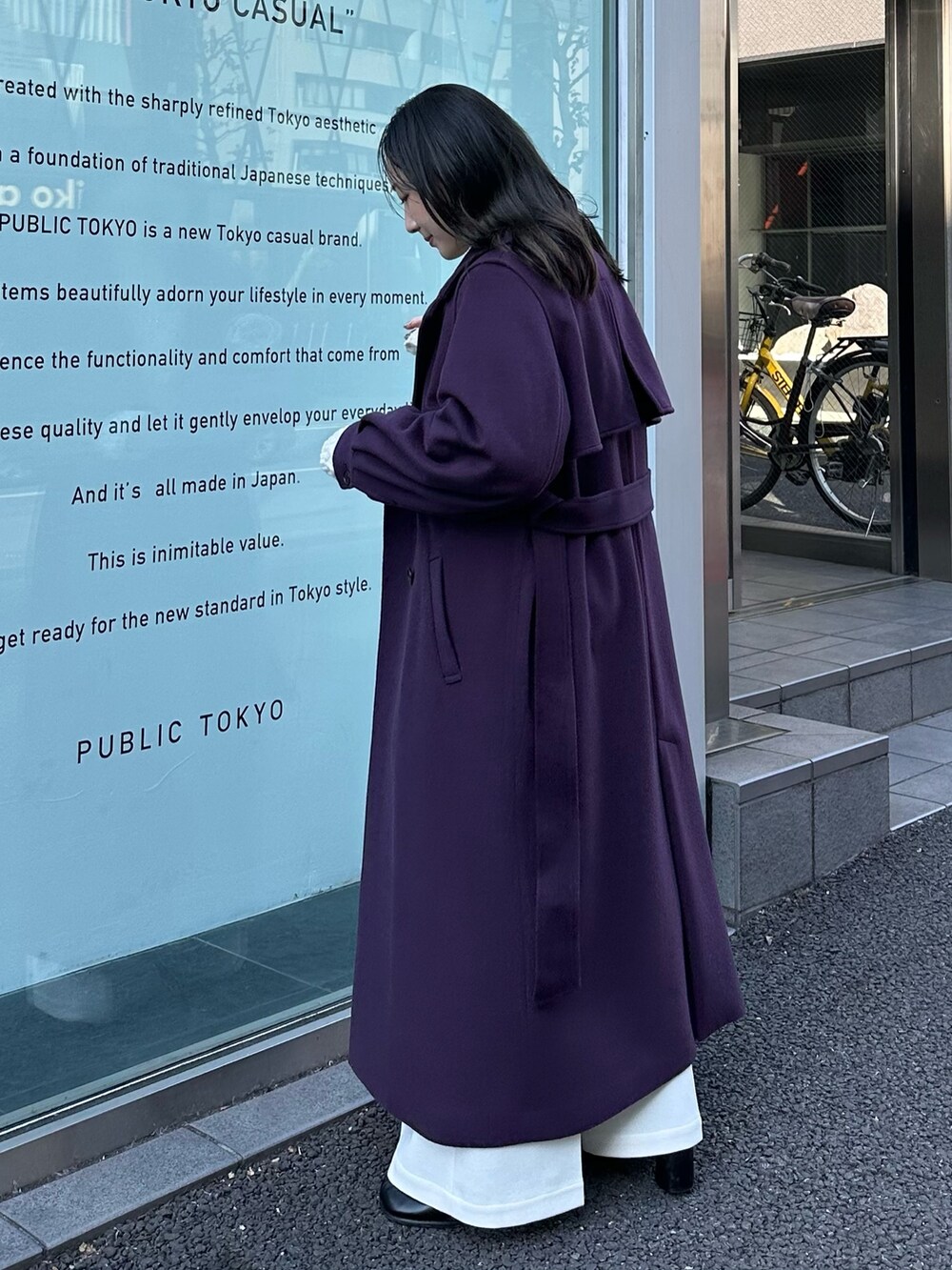 「紫コート、PUBLIC TOKYO、コート」｜「PUBLIC TOKYOのオーバーヨークコート（チェスターコート、レッド系）」を使った、ｎａｎａさん（レディース・152cm）の秋コーディネートの2枚目の写真