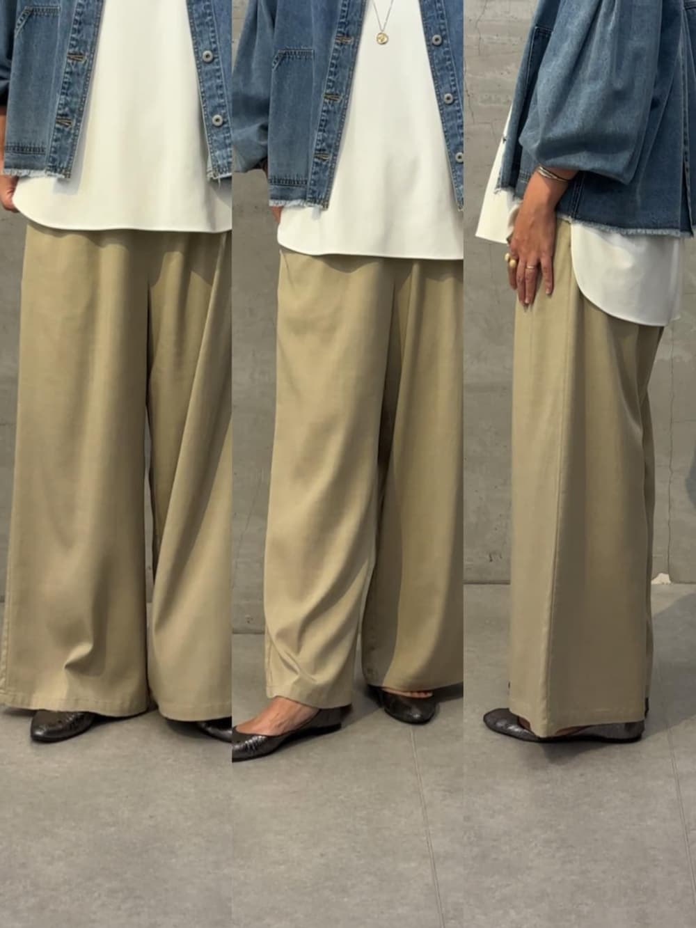 ブルー系のデニムジャケット、ベージュ系のその他パンツ、ホワイト系のシャツ/ブラウスを着用したレディースの冬コーディネートの6枚目の写真