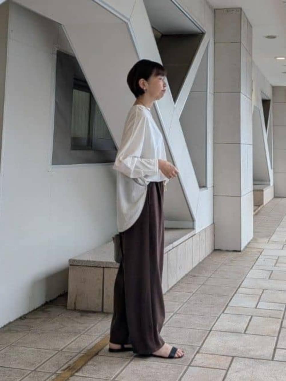 グレー系のハンドバッグ、ホワイト系のTシャツ/カットソー、ブラウン系のその他パンツを着用したレディースの夏コーディネートの2枚目の写真