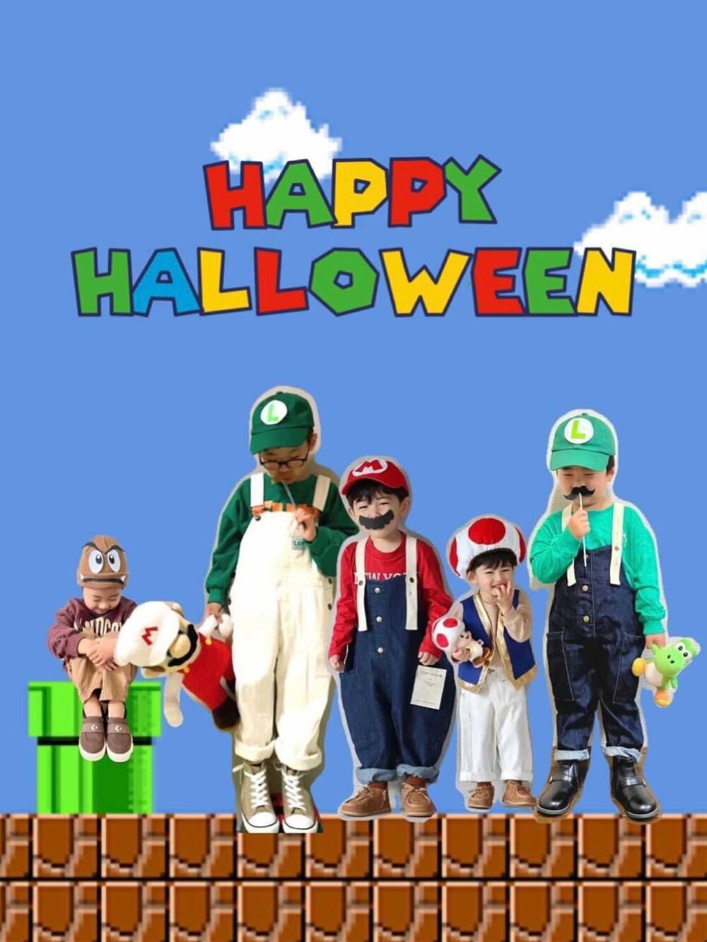「グリーン、サロペット、オーバーオール、ハロウィン、エンジニアブーツ、休日スタイル、サイドゴアブーツ、コスプレ、ヒゲ、マリオ、リンクコーデ、ルイージ、ヨッシー、wearhalloween2021」｜「LOWRYS FARMのＮＹＣバックプリントロンＴ　936612（Tシャツ/カットソー、グリーン系）」を使った、yo_yoさん（キッズ・100cm）の秋コーディネートの2枚目の写真