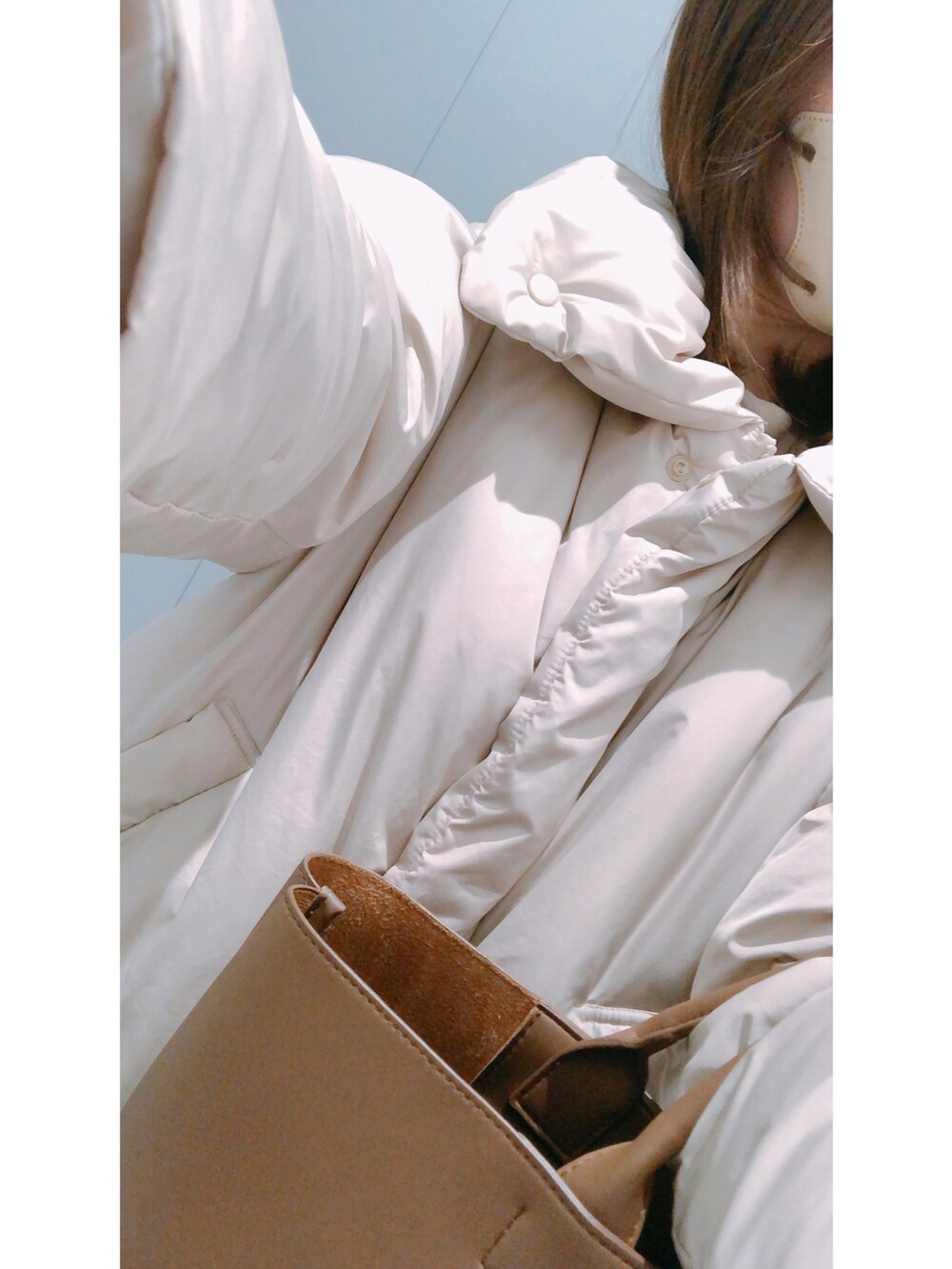 ブラウン系のシューズ、ブラウン系のパンツ、ブラウン系のバッグを着用したレディースの冬コーディネートの2枚目の写真