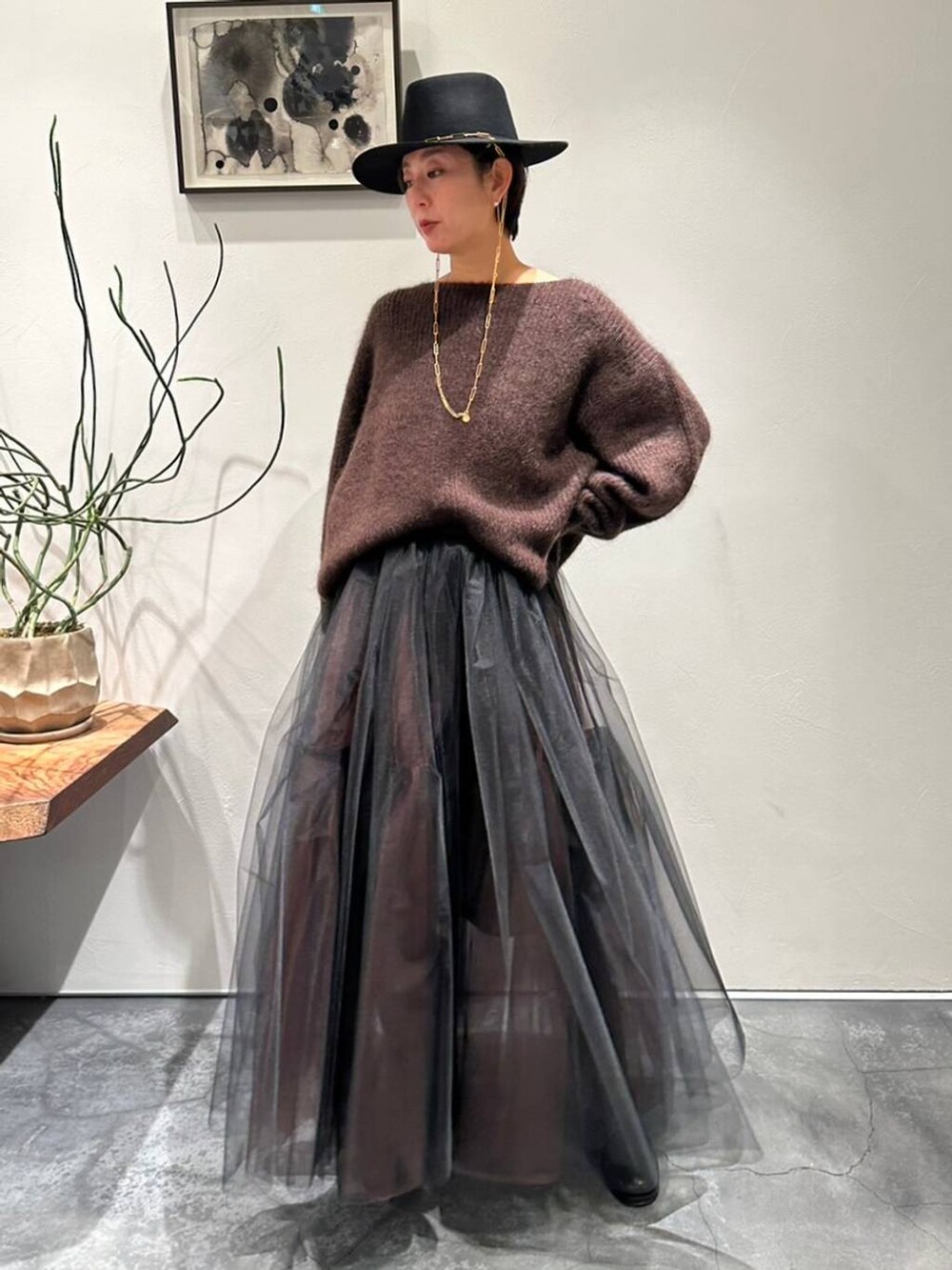「きれいめ、ベーシック/シンプル、体型カバー、Chaos、ロングスカート、コート、冬コーデ、冬アウター、クリスマス」｜「ChaosのChaos(カオス)/ディッシュモヘアニット（ニット/セーター、ブラウン系）」を使った、chaos_haseさん（レディース・169cm）の冬コーディネートの5枚目の写真