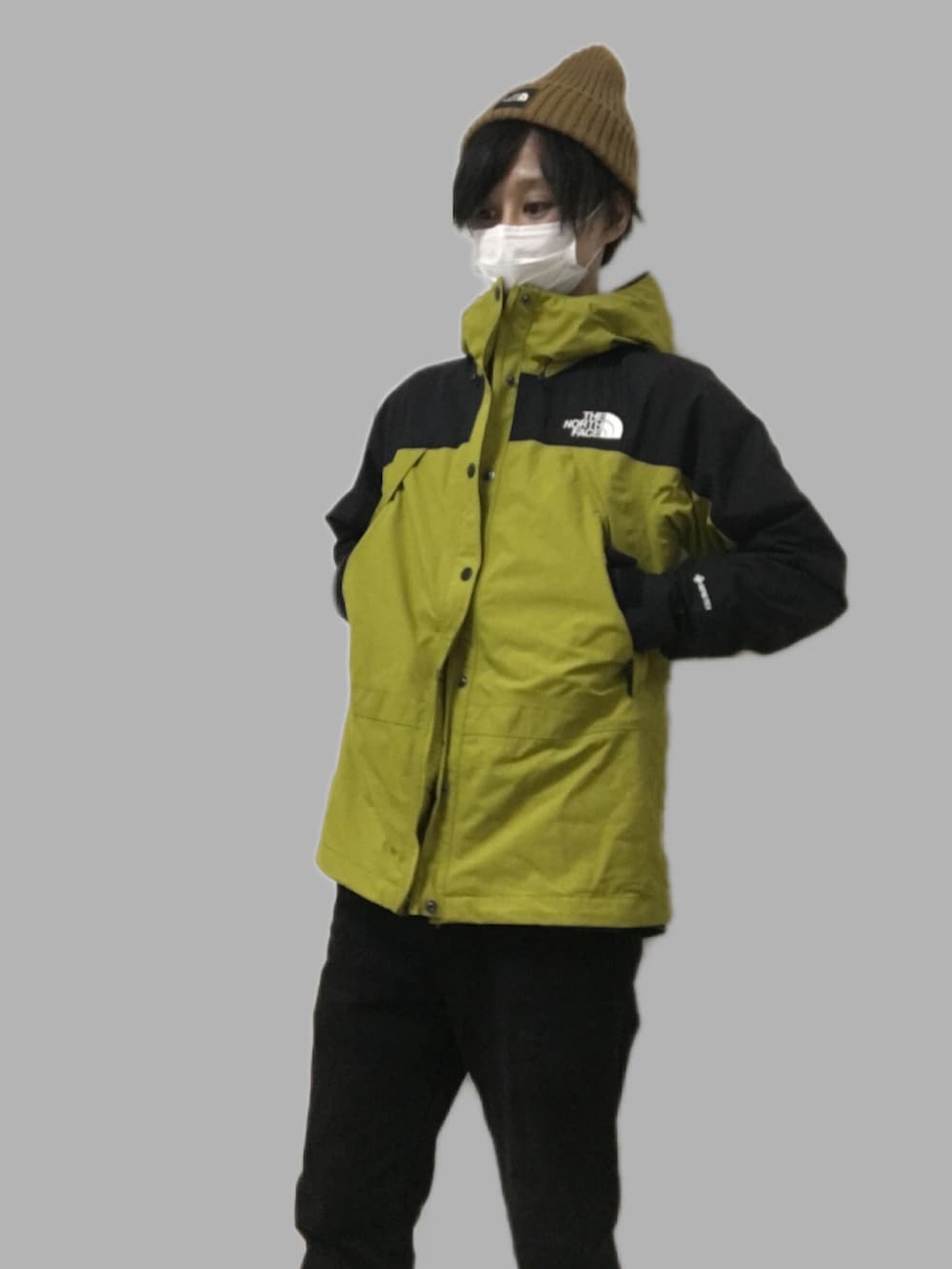 「THE NORTH FACE、ノースフェイス、マウンテンライトジャケット、マウンテンジャケット、マッチャグリーン、黄緑、ニット帽、カップチョリッド、メンズコーデ、好きな服を好きなように着る🐷💕、抹茶、今日のコーデ、冬コーデ、メンズファッション、ノースフェイサー」｜「THE NORTH FACEのザ・ノースフェイス / カプッチョリッド NNJ41710 （キッズ）（ニットキャップ/ビーニー、ブラウン系）」を使った、J1KK0さん（メンズ・166cm）の冬コーディネートの2枚目の写真