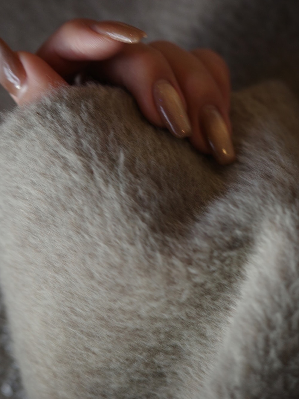 ブラウン系のチェスターコート、ベージュ系のスカートを着用したレディースの冬コーディネートの2枚目の写真