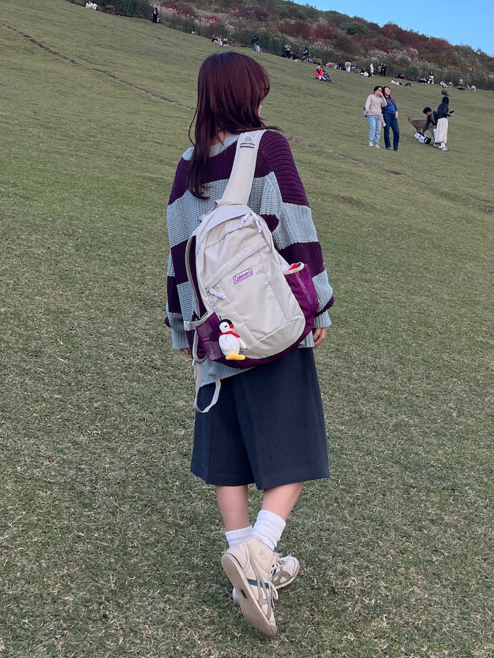 グレー系のその他パンツ、パープル系のニット/セーター、ベージュ系のスニーカーを着用したレディースの秋コーディネートの3枚目の写真