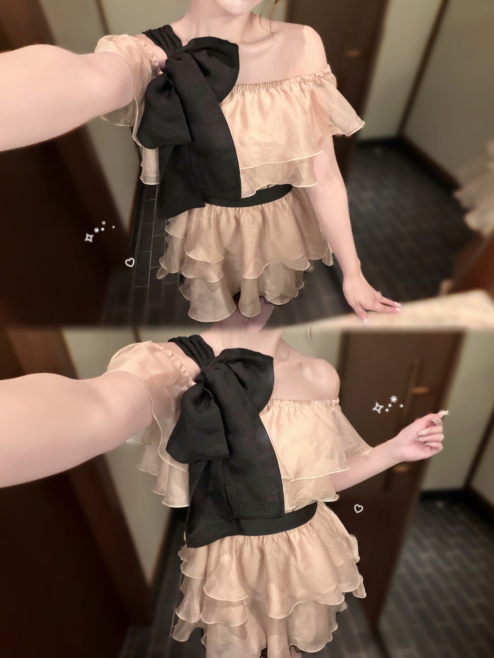ピンク系のワンピース、ホワイト系のキャミソールを着用したレディースの夏コーディネートの2枚目の写真