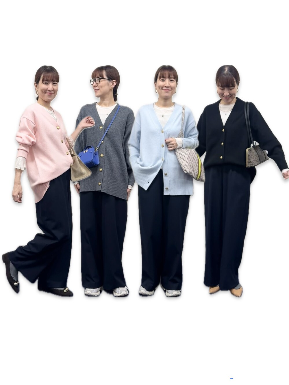 ブルー系のその他パンツ、ホワイト系のTシャツ/カットソー、グレー系のカーディガン/ボレロを着用したレディースの秋コーディネートの5枚目の写真