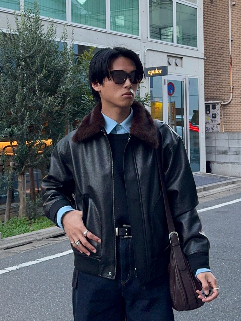 LURAKU】Synthetic Leather Fur Collar Jacket / LURAKU