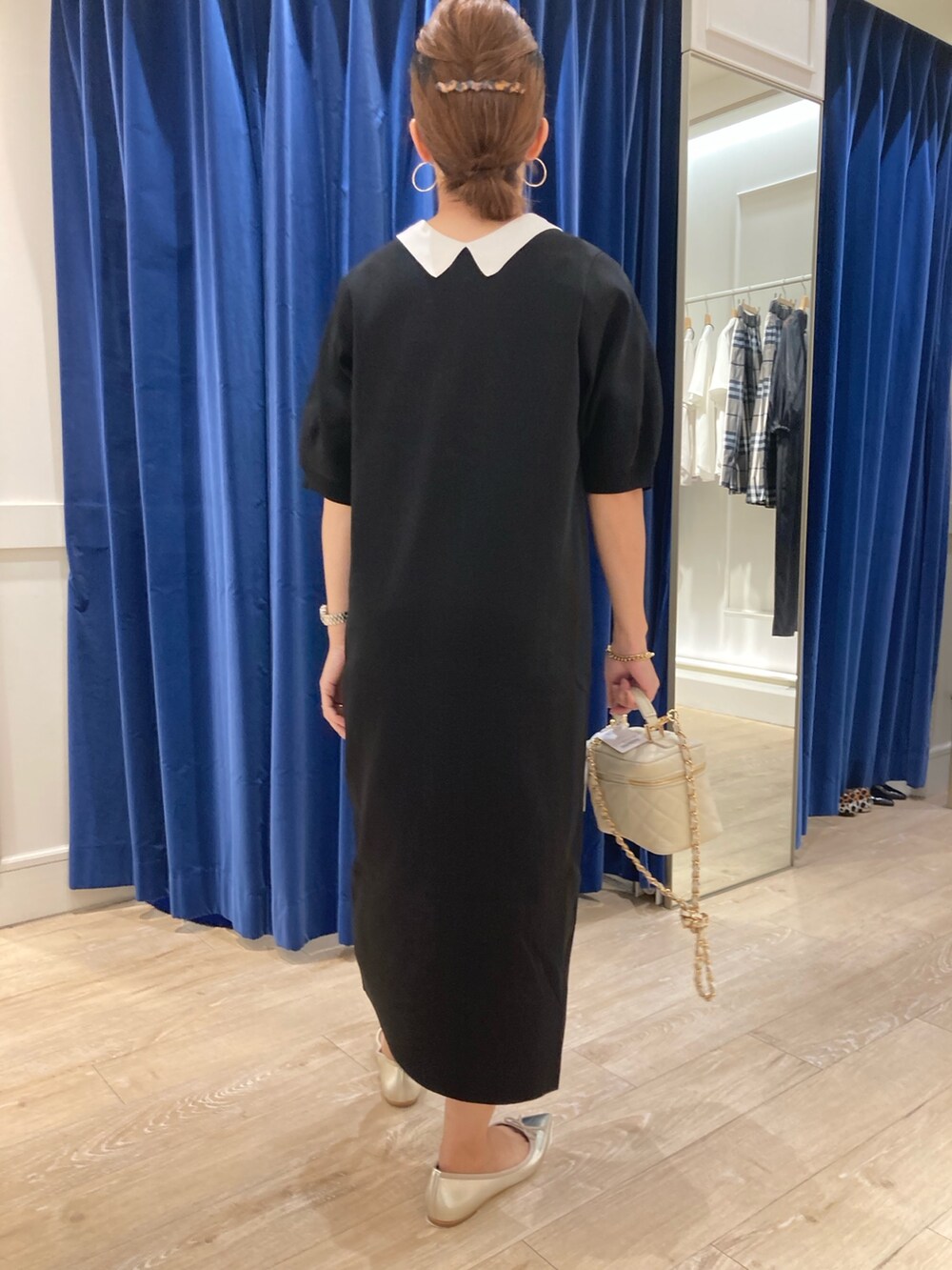 「2wayワンピース、ノーリーズ、小柄、ママコーデ、40代ファッション」｜「NOLLEY’Sの《手洗い可能》襟付き2WAY半袖ニットワンピース（ワンピース、ブラック系）」を使った、hiroさん（レディース・152cm）の夏コーディネートの2枚目の写真