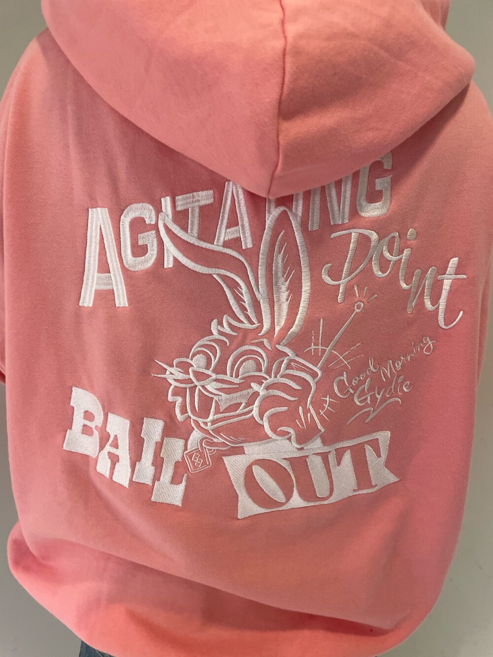 ピンク系のパーカー、ブルー系のデニムスカートを着用したレディースの冬コーディネートの6枚目の写真