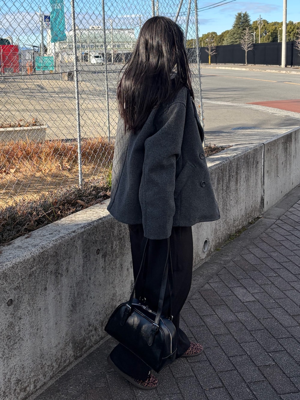 ブラック系のスラックス、グレー系のピーコート、グレー系のパーカーを着用したレディースの冬コーディネートの3枚目の写真