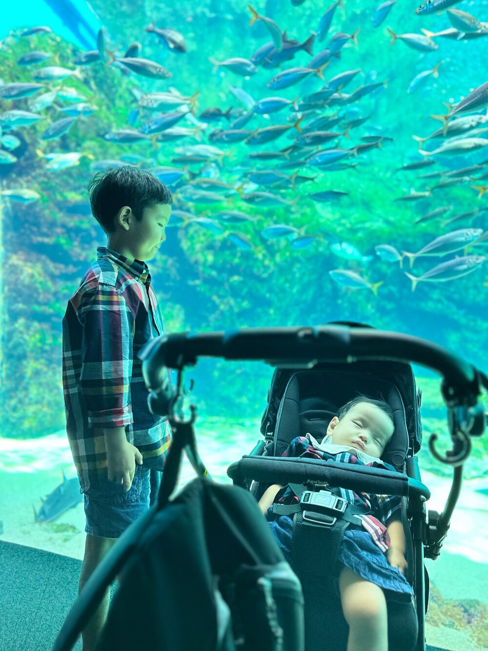 レッド系のシャツ/ブラウス、レッド系のシャツ/ブラウス、ブルー系のその他パンツを着用したキッズの秋コーディネートの4枚目の写真