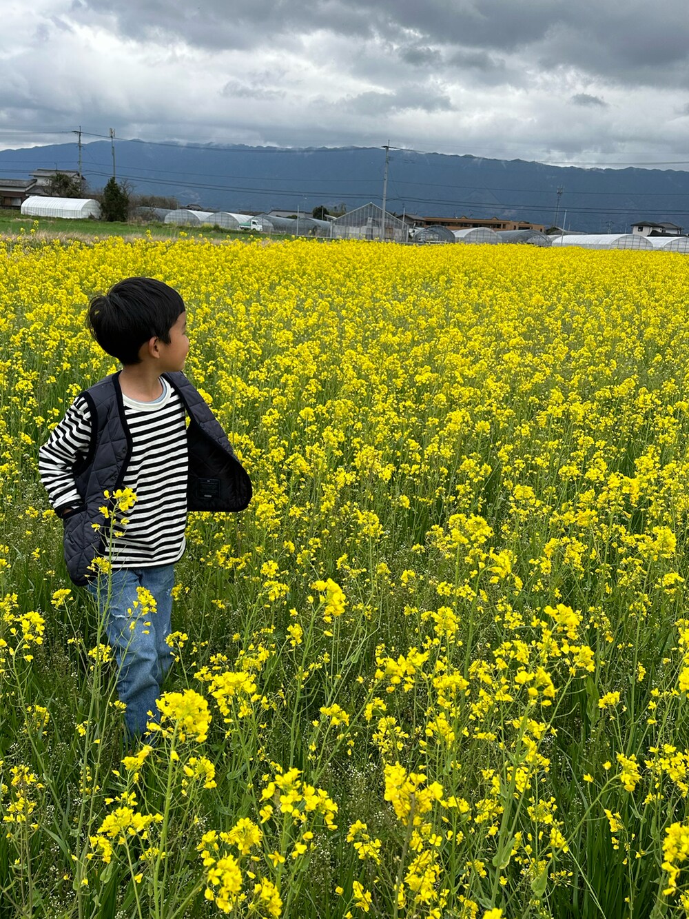 ブルー系のデニムパンツ、ブラック系のTシャツ/カットソー、ブラック系のベストを着用したキッズの春コーディネートの2枚目の写真