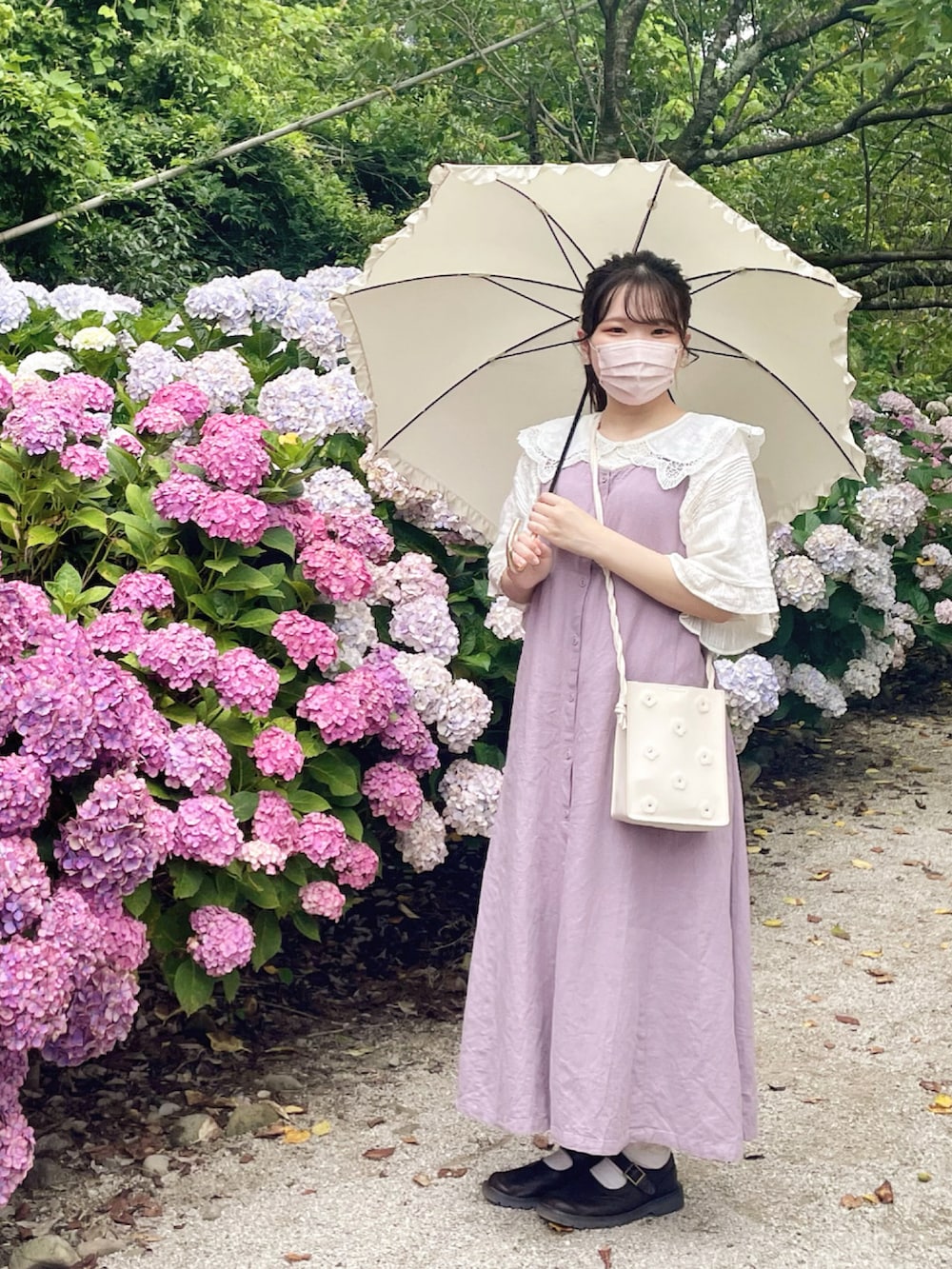 「夏コーデ、今日のコーデ、ootd、おしゃれさんと繋がりたい、ゆるコーデ、カラーコーデ、ナチュラル、パープル、ホワイト、ワンピース、つけ襟、SM2、Samansa Mos2、サマンサ モスモス(Samansa Mos2)、merry jenny」｜「Samansa Mos2の前後着ノースリーブワンピース（ワンピース、パープル系）」を使った、𝑌𝑢𝑟𝑖さん（レディース・152cm）の夏コーディネートの2枚目の写真