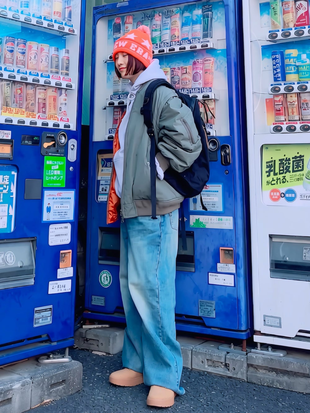 グレー系のパーカー、ブラック系のバックパック/リュック、グリーン系のMA-1を着用したレディースの冬コーディネートの2枚目の写真