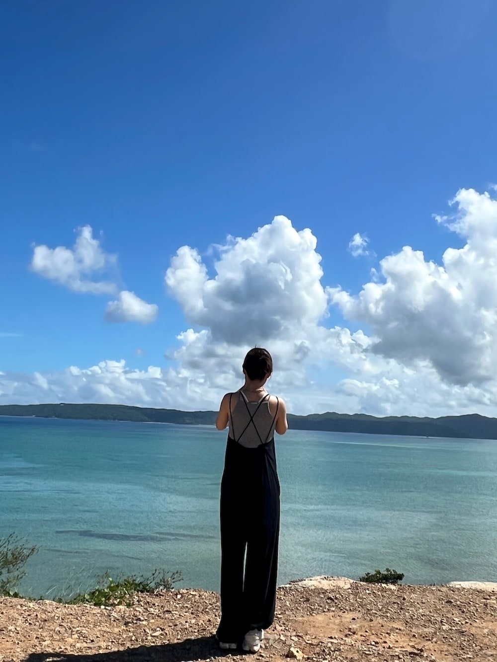 ブルー系のつなぎ/オールインワン、ブルー系のキャミソール、ホワイト系のスニーカーを着用したレディースの秋コーディネートの2枚目の写真