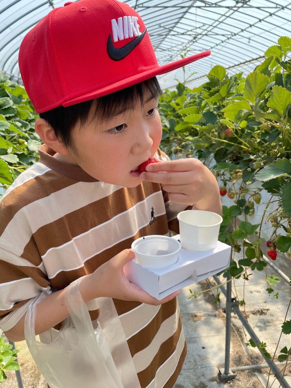 ブラウン系のTシャツ/カットソー、ブルー系のデニムパンツ、ホワイト系のスニーカーを着用したキッズの春コーディネートの4枚目の写真