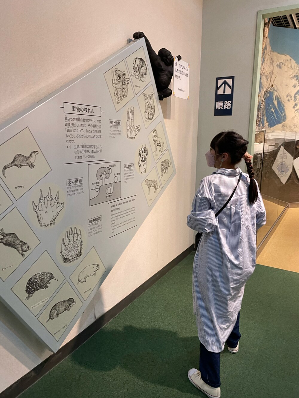 ブルー系のシャツワンピース、ブラック系のハンドバッグ、ブルー系のデニムパンツを着用したキッズの春コーディネートの5枚目の写真