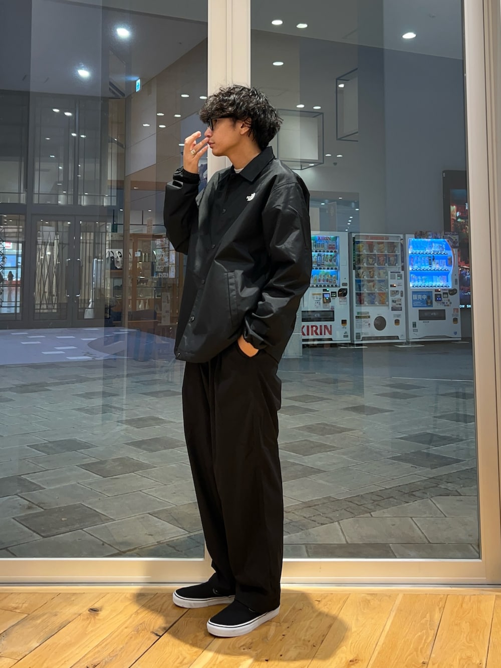 ブラック系のナイロンジャケット、ブラック系のその他パンツ、グレー系のTシャツ/カットソーを着用したメンズの秋コーディネートの2枚目の写真
