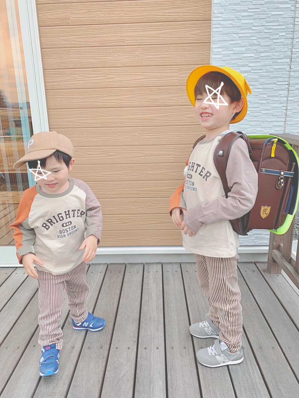 「男の子、小学生、6歳、キッズコーデ、シンプルコーデ、兄弟コーディネート、おそろいコーデ、3歳、春コーデ、ストライプ、ブラウン、プチプラ、キャップ、ロンT、ZOZOKIDSDAY」｜「しまむらのアイテム（Tシャツ/カットソー、ベージュ系）」を使った、s n さん（キッズ・110cm）の春コーディネートの3枚目の写真