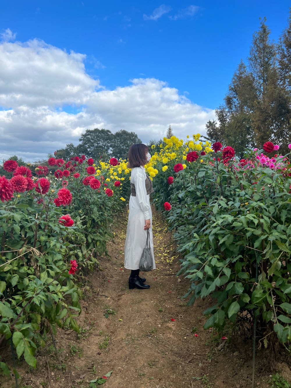 ホワイト系のワンピースを着用したレディースの秋コーディネートの2枚目の写真