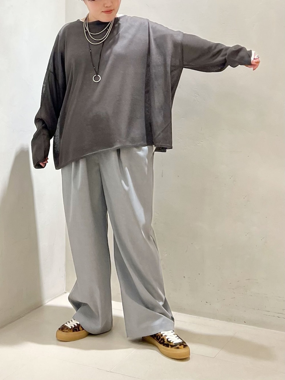 ホワイト系のTシャツ/カットソー、グレー系のニット/セーターを着用したレディースの春コーディネートの3枚目の写真