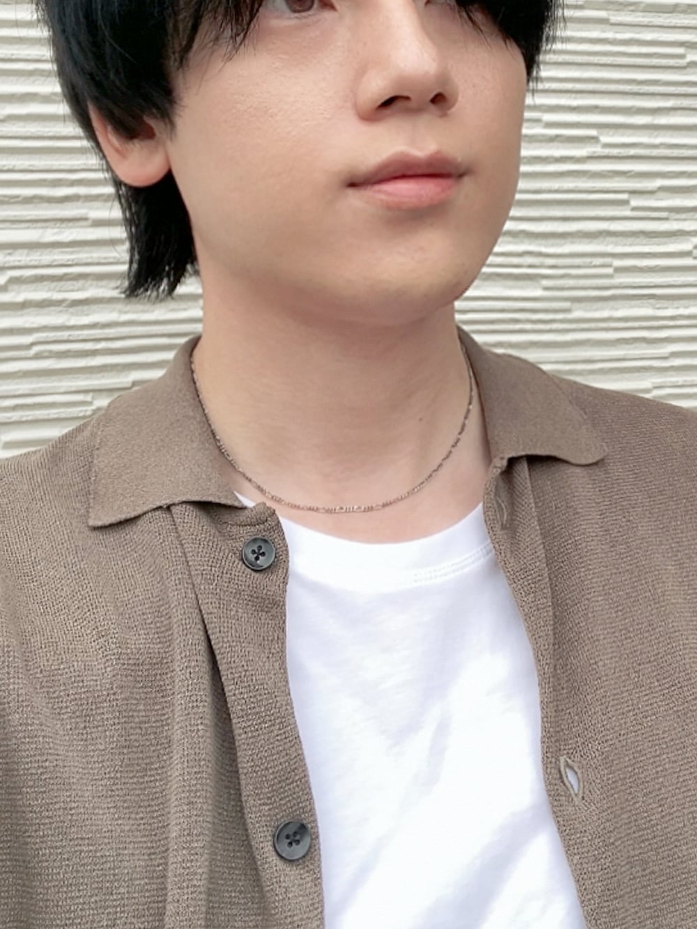 ホワイト系のTシャツ/カットソー、ブラウン系のシャツ/ブラウス、グレー系のスラックスを着用したメンズの夏コーディネートの2枚目の写真