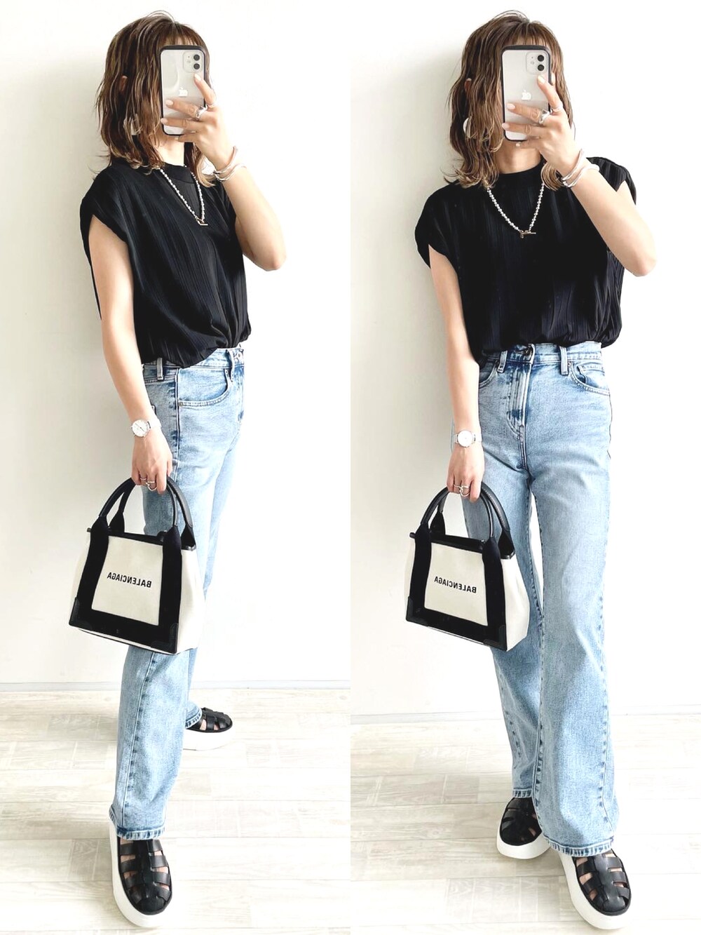 ブラック系のその他パンツ、ブラック系のシャツ/ブラウス、ブルー系のデニムパンツを着用したレディースの春コーディネートの4枚目の写真