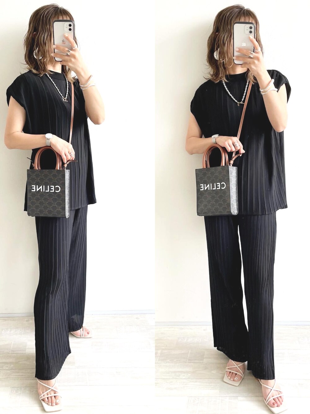 ブラック系のその他パンツ、ブラック系のシャツ/ブラウス、ブルー系のデニムパンツを着用したレディースの春コーディネートの2枚目の写真