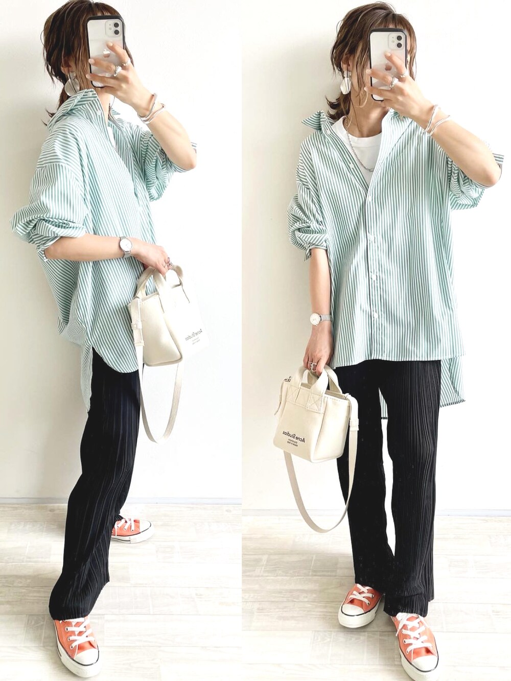 ブラック系のその他パンツ、ブラック系のシャツ/ブラウス、ブルー系のデニムパンツを着用したレディースの春コーディネートの3枚目の写真