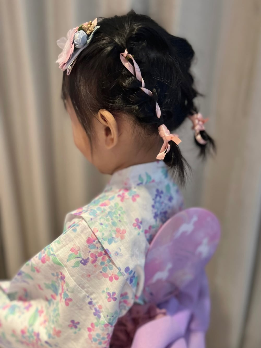 「夏コーデ、浴衣子供、カワイイ、あじさい柄、台湾女子、サンリオ、クロミ」｜「GLOBAL WORKのアイテム（ワンピース、ホワイト系）」を使った、𝒮さん（レディース・160cm）の夏コーディネートの2枚目の写真